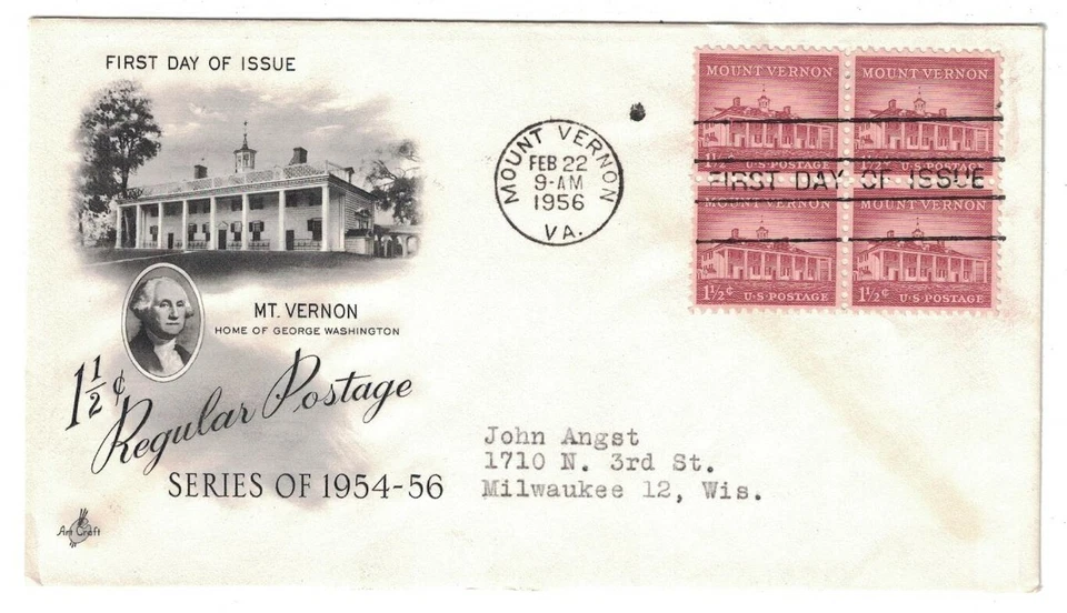 1956 FDC .1 1/2 CENT REGULAR POSTAGE MT. VERNON ART CRAFT CACHET - Image 1 of 1