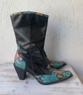 Bota Enzo Angiolini Vintage Mujer 7.5 Cuero Negro Teal Piel de Serpiente Cremallera Años 90 Y2K Foto 1 de 4