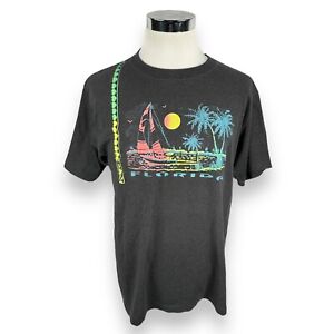 Vintage Florida T-Shirt Men's XL Black Neon Blue Pink Beach Palm Boat 80s Tee