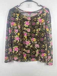 Betsey Johnson Mesh Cutout Long Sleeve Stretchy Bodycon Jewel Black Pink Top M - Picture 1 of 5