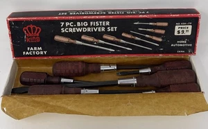 SET CACCIAVITI VINTAGE KING "BIG FISTER" 6 PEZZI TESTA PIATTA MANICI LEGNO con SCATOLA - Foto 1 di 6