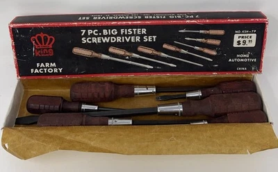 VINTAGE KING “BIG FISTER” 6 PIECE SCREWDRIVER SET FLATHEAD WOOD HANDLES w/BOX - Image 1 of 4