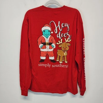 Camiseta Simply Southern Manga Larga Talla XL Roja Hey Deer Santa Reno Vacaciones Foto 1 de 4
