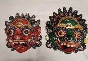 2 Indonesian Barong Red Wood Mask Wall Art Hanging Balinese  - Picture 1 of 11