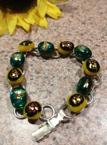 Sterling Silver .925 Dichroic Glass clasp Bracelet 7” green & yellow colors Vtg - Picture 1 of 20