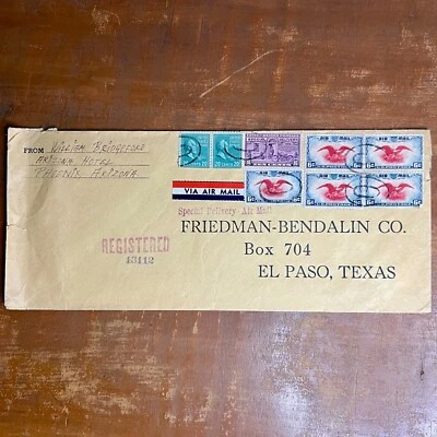 1938 US #825 PREXIE Pair, #C23, #E15 - Spec. Deliv. Reg. Airmail Cover, to Texas - Image 1 of 4