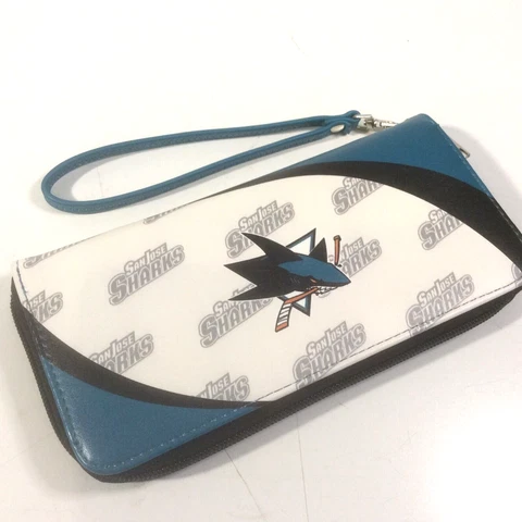 NHL San Jose Sharks Teal Wristlet Black Blue Green Zip 5" Strap Organizer Purse Cover