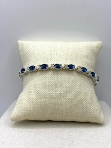 Avon Faux Blue Sapphire And Rhinestone Silver Tone Tennis Bracelet With Extender - Picture 1 of 19