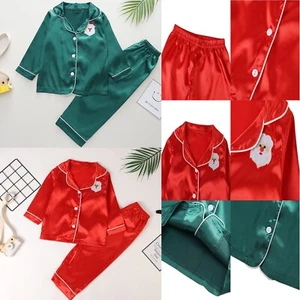 Kids Girls Boys Silk Pyjamas Long Sleeve Satin PJs Sets Nightwear Sleepwear - Picture 1 of 14