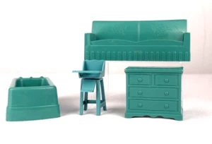 Vintage Renwal Dollhouse Furniture - Turquoise Blue Living Room & Bathroom Set - Imagen 1 de 6