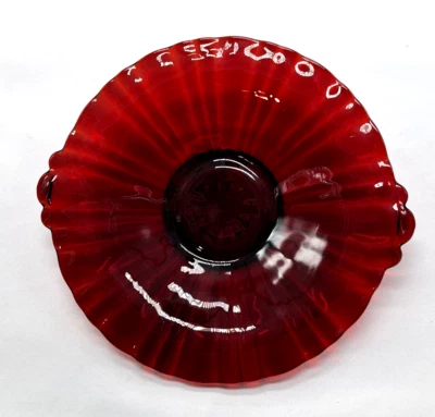 Hocking Glass Glass Co. OLD CAFE Ruby Red Flared Two-Handled 8" Mint Tray - Image 1 of 4