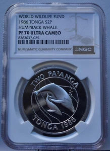 1986 2 PA'ANGA TONGA WWF HUMPBACK WHALE NGC PF70 UCAM SILVER COIN - Picture 1 of 6