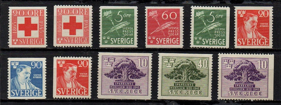 SUECIA, SCOTT # 358-368, AÑO COMPLETO 1945 JUEGO DE 11 MLH/MNH, CRUZ ROJA, PLUMA Foto 1 de 1