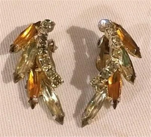 Vintage Rhinestone Earrings Clip On Navette & Square Shaped Stones Run Up Ear - Picture 1 of 3