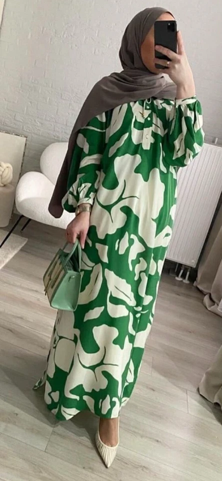 NWT H&M Balloon-sleeve Viscose Maxi Dress Green/White/Floral Sz XS S M L XL XXL - Image 1 of 1