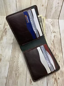 Handmade Full Grain Oil Tan Leather Men’s Bifold Wallet Forest Green and Brown - Picture 1 of 8
