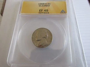 1968-S ,Cleaned , Jefferson Nickel , EF 45 , Anacs - Picture 1 of 4