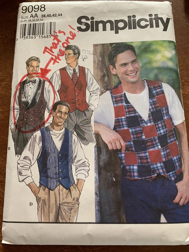 Simplicity 1994 Sewing Pattern 9098 Mens Vest Size 38-40-42-44 - Image 1 of 2