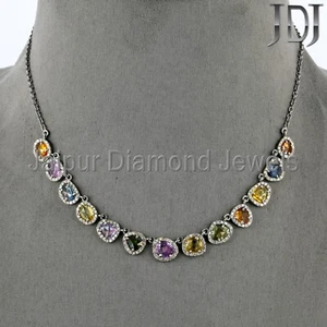 Natural Pave Diamond Multi Sapphire Gemstone 925 Silver Jewelry Chain Necklace - Picture 1 of 6