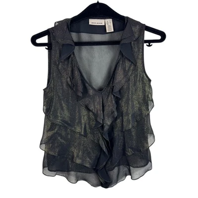 DKNY Black Gold Sheer Ruffled V-Neck Glitz Glam Lightweight Tank Blouse Size S - Image 1 of 4