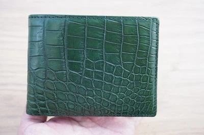 Cartera plegable de piel de cocodrilo genuina verde hecha a mano #W50 Foto 1 de 4