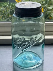 Antique Quart Ball MASON Jar Triple L Blue/Green 1900-1910 w/Bubbles Zinc Lid - Picture 1 of 6
