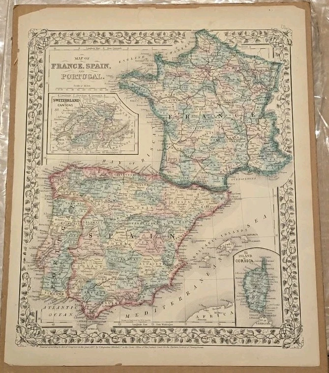 Mapa de Francia, España y Portugal 1867 con mapas de Suiza y Córcega Antiguo Foto 1 de 4