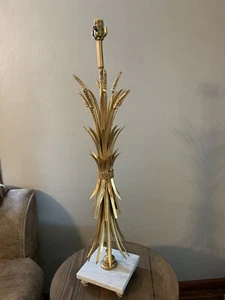 Vintage MCM Gold Metal WHEAT SHEAF Lamp Marble Base Hollywood Regency Parisian - Picture 1 of 11