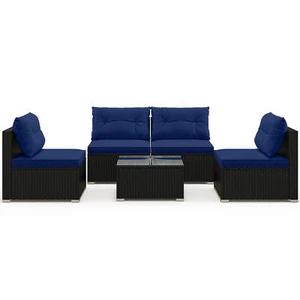 5 Piece Outdoor Furniture Set w/ Seat & Back Cushions Tempered Glass Tabletop - Picture 1 of 10