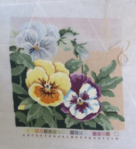 TAPESTRY 3 x PANSIES CANVAS no wools 50 cm x 51 cm Partially worked - Picture 1 of 4