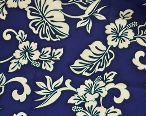 Vintage Hawaiian Cotton Blue Fabric Hibiscus And Leaves 45"x 74"-2 Yards - Picture 1 of 3