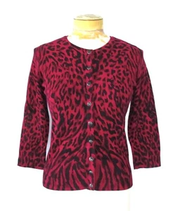White House Black Market Red Leopard Snap Front Cardigan Sweater Lightweight S - Picture 1 of 5