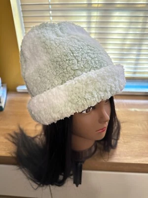 Handmade White Light Green Plaid Sherpa Winter Knit Soft Fluffy Beanie Hat - Image 1 of 4