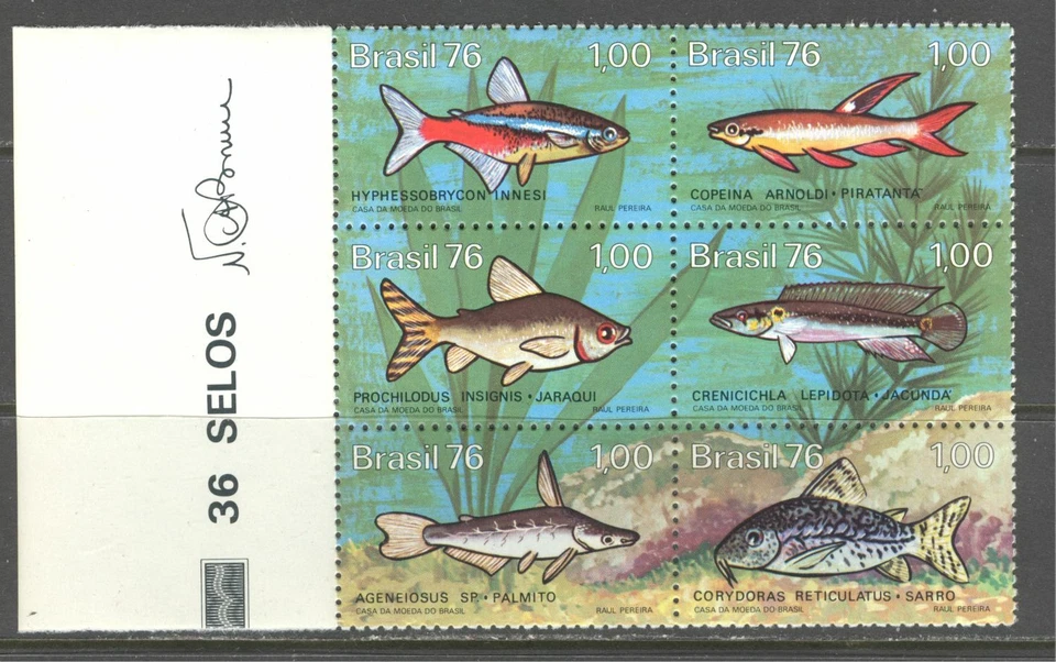 BRAZIL 1976, FRESH WATER FISH, Scott 1465a, BLOCK OF 6 DIFFERENT, MNH - Image 1 of 1