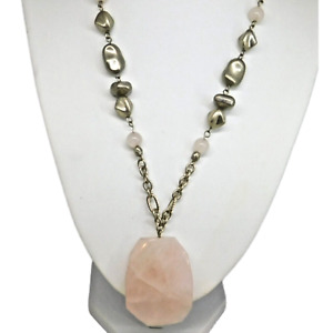 Chico's Rose Quartz Stone Necklace Statement Pendant Acrylic Beads 18" 20" Long