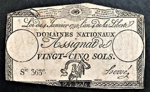 FRANCE REVOLUTION 25 SOLS ASSIGNAT MAY HAVE BEEN USED IN AMERICA GREAT RADAR 363 - Picture 1 of 2