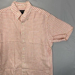 Brooks Brothers Camicia di Lino Irlandese Uomo Large L Manica Corta Quadri Arancione - Foto 1 di 12