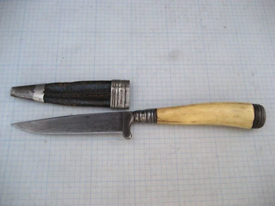 VTG 1900's German Bone Handle Small 6" Hunting Knife Fixed Blade Leather Sheath - Image 1 of 4