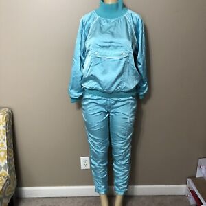 Adidas Vintage Nylon Satin Turquoise Blue 2 Piece Track Suit Women’s Size Small