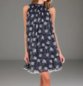 JOIE Dress Womens Medium Gray Navy Floral Chiffon Smocked Sleeveless Babydoll - Picture 1 of 14