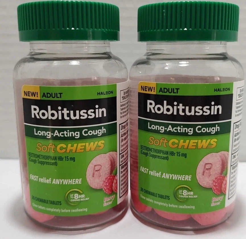 2x Robitussin Adulto de Longa Duração Tosse Berry MASTIGA MACIA ALÍVIO RÁPIDO - Imagem 1 de 1