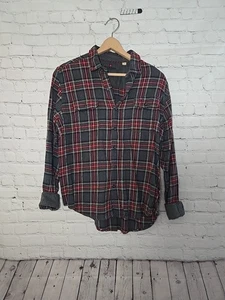 WOOLRICH MENS sz L FLIP CUFF GRAY RED PLAID FLANNEL SHIRT BUTTON UP - Picture 1 of 8