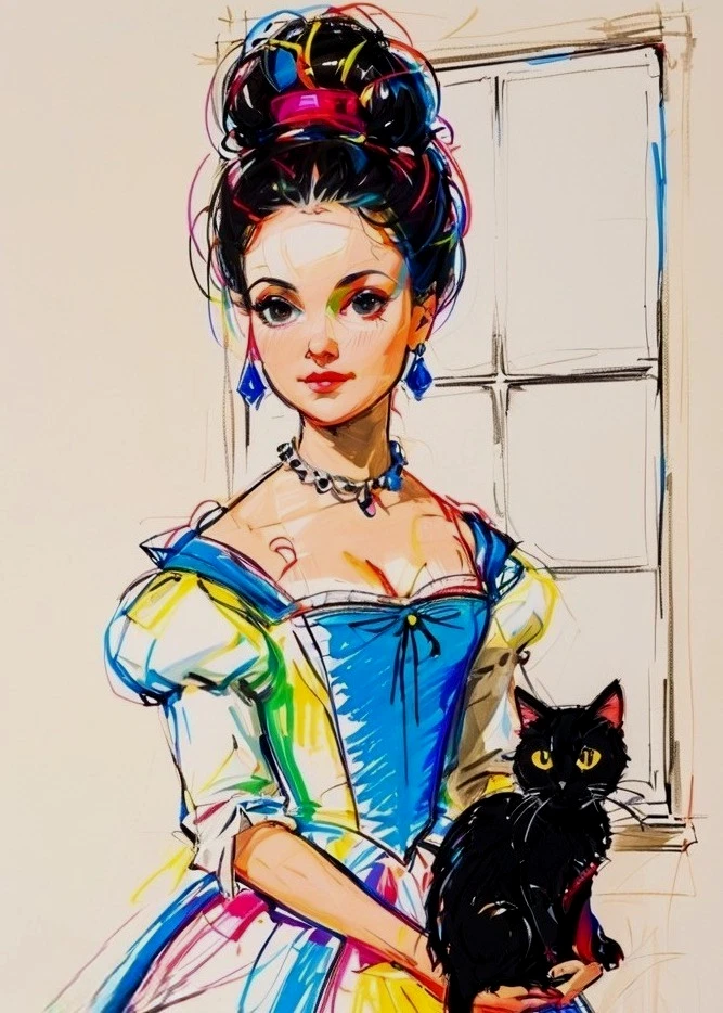 ACEO Mini ART PRINT Young Girl Black Cat Blue White Dress Tiny Miniature Saulite - Image 1 of 1