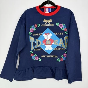 Vintage 80s Studio Twelve Navy & Pink Floral Bear Ruffle T.D Bear Sweatshirt USA - Picture 1 of 6