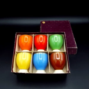 Vintage Romanian Egg Cups 6 boxed Gold Trim Bold Retro Colours C1960-80s ceramic - Picture 1 of 24