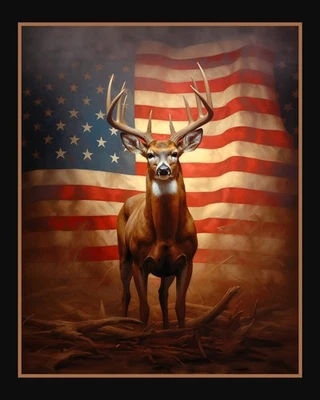 STANDING PROUD Fabric Quilt Panel 36" x45", Deer, Buck, Hunting, USA Flag - Image 1 of 2