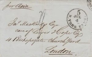 MTM214 1860 TRANSATLANTIC LETTER USA TO UK st. ASIA (Cunard Line) RARE HANDSTAMP - Picture 1 of 5