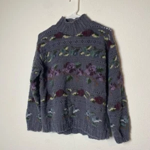 Jones New York Sweater M Hand Embroidered Floral VINTAGE Long Sleeve Chunky Boho - Picture 1 of 11