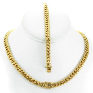 Pulsera de eslabón cubano de 8 mm Miami 8"" y cadena de 16"" chapada en oro 18k acero inoxidable - Imagen 1 de 4