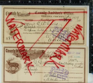 2 1902 RED BLUFF, CA. TEHAMA COUNTY AUDITOR'S OFFICE SCALPS CHECK EPHEMERA RARE - Picture 1 of 2